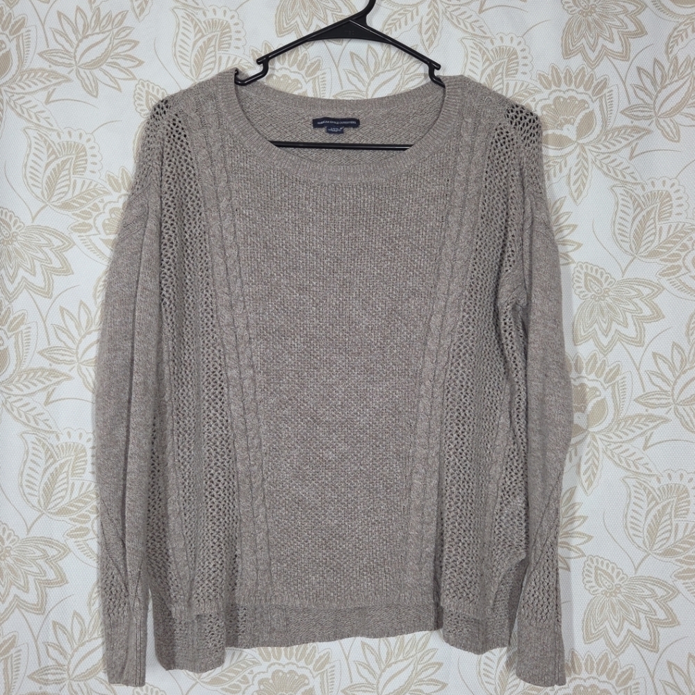 American Eagle Outfitters Women's Oatmeal Cableknit Open Knit Sweater SMALL EUC